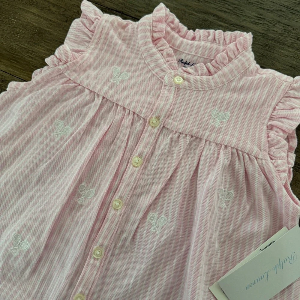 Ralph Lauren Baby Girls Pink White Stripe Tennis Bow Dress Bloomers‎ Set 24M NWT